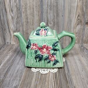 Cottagecore Square Green w Floral Majolica Teapot, Made in Japan